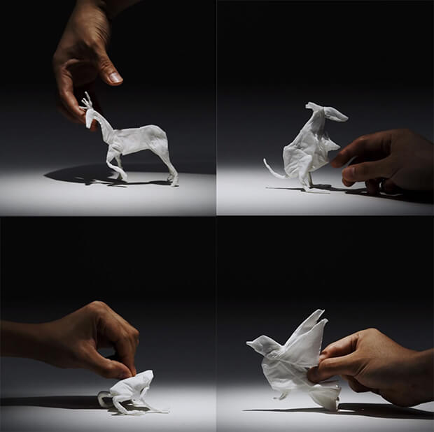 Yuki Ariga - folded tissue paper animals, animali in carta di fazzoletti - stop motion