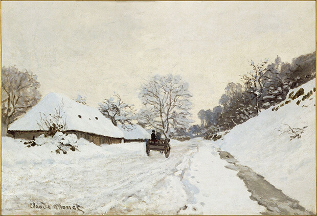 Claude Monet.  Il calesse. Strada di Honfleur sotto la neve con la fattoria Saint Siméon, 1867 circa