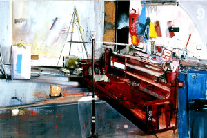 Stanza di guerra con banco rosso, olio, smalto e tecnica mista su tela, 2008, cm. 274x183