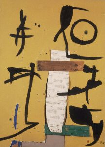 Personaggio e uccello, 1976, olio su carta vetrata, legno e chiodi, cm. 175,5 x 125,5. Fundació Pilar iJoan Miró a Malorca © Sucesione Miró by SIAE 2014 Foto: © Joan Ramon Bonet & David Bonet