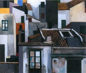 Case di Palermo, circa 1976, olio su tela, cm. 50 x 70. Renato Guttuso. Tetti di Roma, c. 1973, olio su tela, cm. 70 x 85. Credits: Courtesy Galleria d'Arte Maggiore, Bologna 