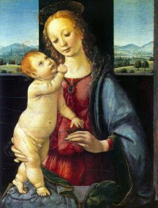 Leonardo da Vinci. Madonna col Bambino (Madonna della melagrana o Madonna Dreyfus, 1469-1470 ca. Olio su tavola di pioppo,  cm. 16,5 x 13,4. National Gallery of Art, Samuel H. Kress Collection, Washington, D.C.