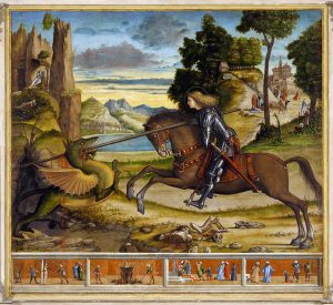 Vìttore Carpaccio. San Giorgio e il drago e quattro episodi della vita del Santo, 1516. San Giorgio Maggiore, Venezia