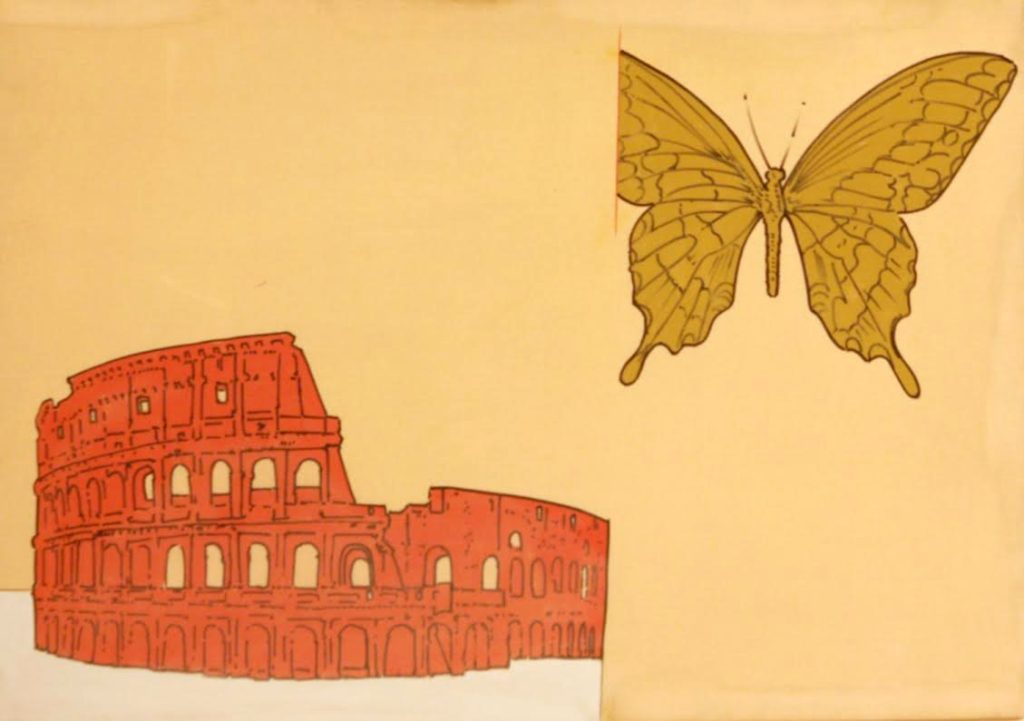 Renato Mambor. Colosseo e farfalla, 1966. Smalto e acrilico su tela, cm 70×100. Collezione Patrizia e Blu Mambor