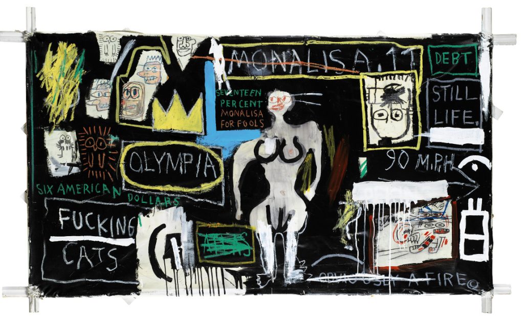 Jean-Michel Basquiat. Crown Hotel (Mona Lisa Black Background), 1982. Acrilico e collage di carta su tela montati su supporti di legno legati, cm 123,9 × 215,9. Private collection © The Estate of Jean-Michel Basquiat by SIAE 2016