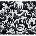 Cornelis Escher. Aereo di riempimento II, 1957. Litografia. mm. 370 x 315