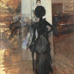 Giovanni Boldini. Donna in nero che guarda il “Pastello della signora Emiliana Concha de Ossa”, c. 1888, olio su tavola, cm. 80,5 x 64,5