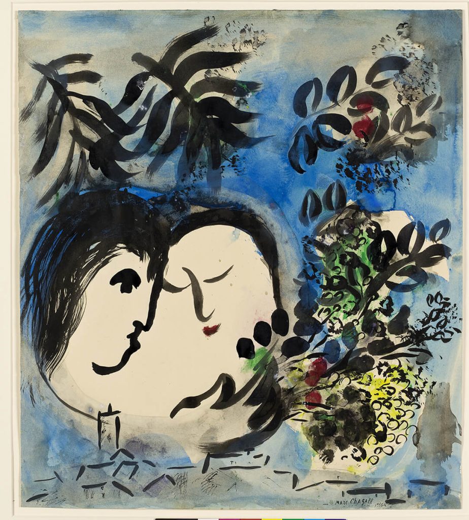 Marc Chagall. Gli Amanti, 1954-1955. Inchiostro di china e acquerello, cm.53 x 47. Dono di Jan Mitchell, New York. Attraverso la Fondazione Culturale d'America-Israele