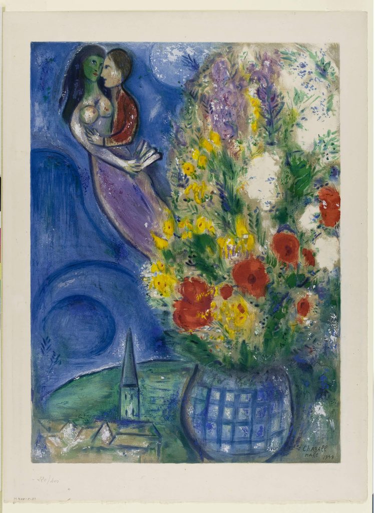 Marc Chagall. Coppia di amanti e Fiori. Litografia a colori, 1949, cm. 555 x 410. dono di Ida Chagall, Parigi