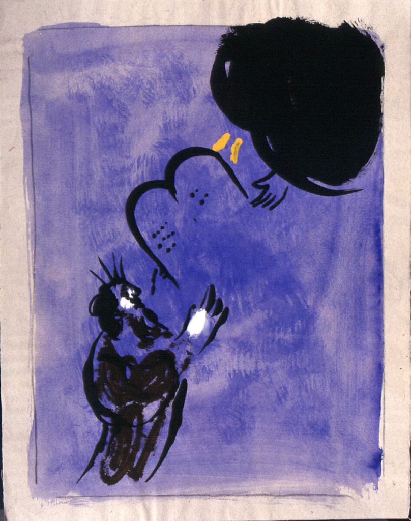 Marc Chagall. Mosè riceve le Tavole della Legge, 1956. Disegno per l'edizione "Verve" della Bibbia. India inchiostro, guazzo e acquerello su carta, cm. 40 x 31,2. Dono di Ida Chagall, Parigi