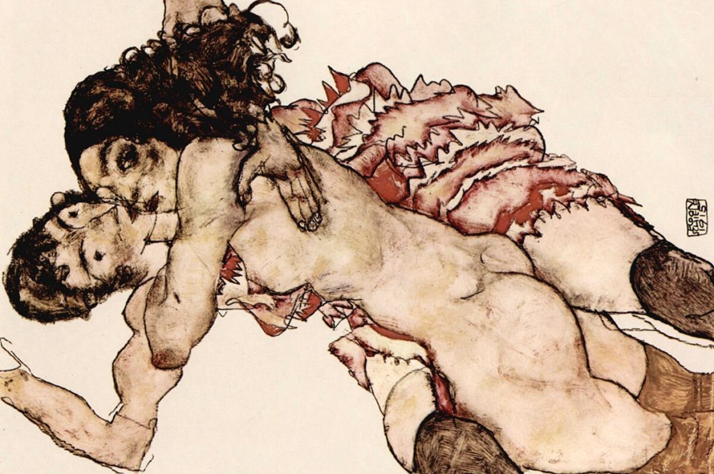 Egon schiele. CCoppia di donne abbracciate l'un l'altra, 1915