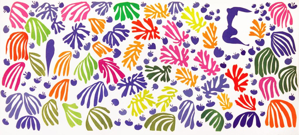 Henri Matisse. Il Pappagallo e la Sirena, 1952 - 1953. Guazzo, collage su carta su tela , cm. 337 X 768,5. Collezione Stedelijk Museum, Amsterdam