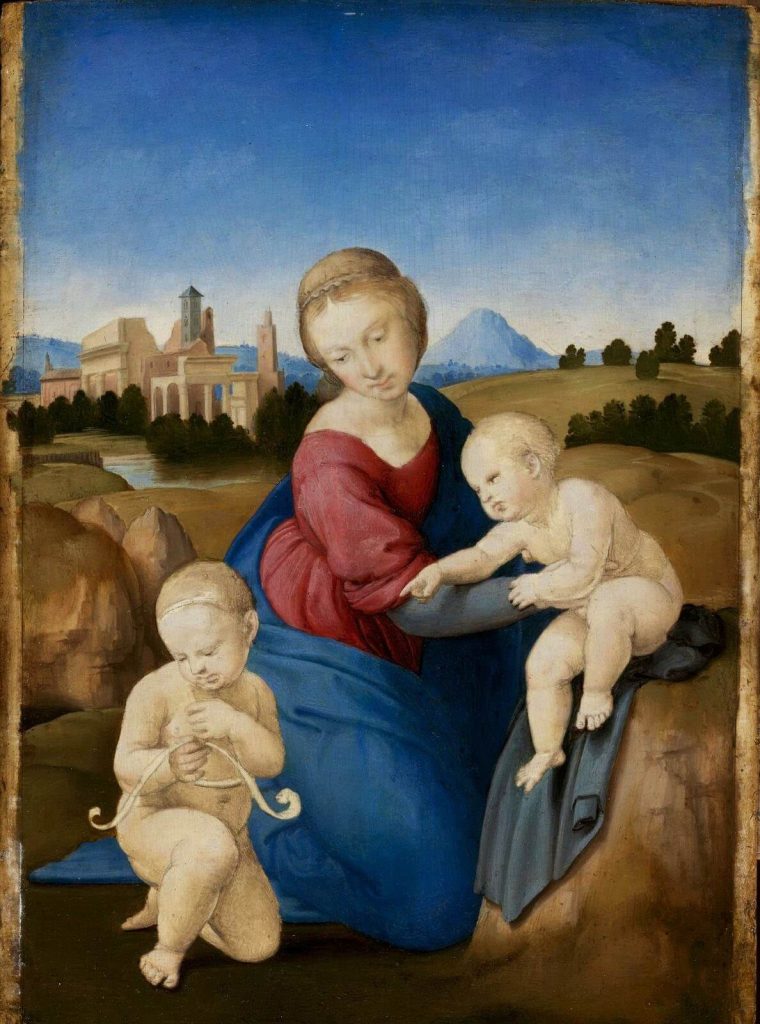 Raffaello Sanzio. Madonna col Bambino e san Giovannino (Madonna Esterházy), 1508 ca. Tempera e olio su tavola, cm. 28,5 x 21,5