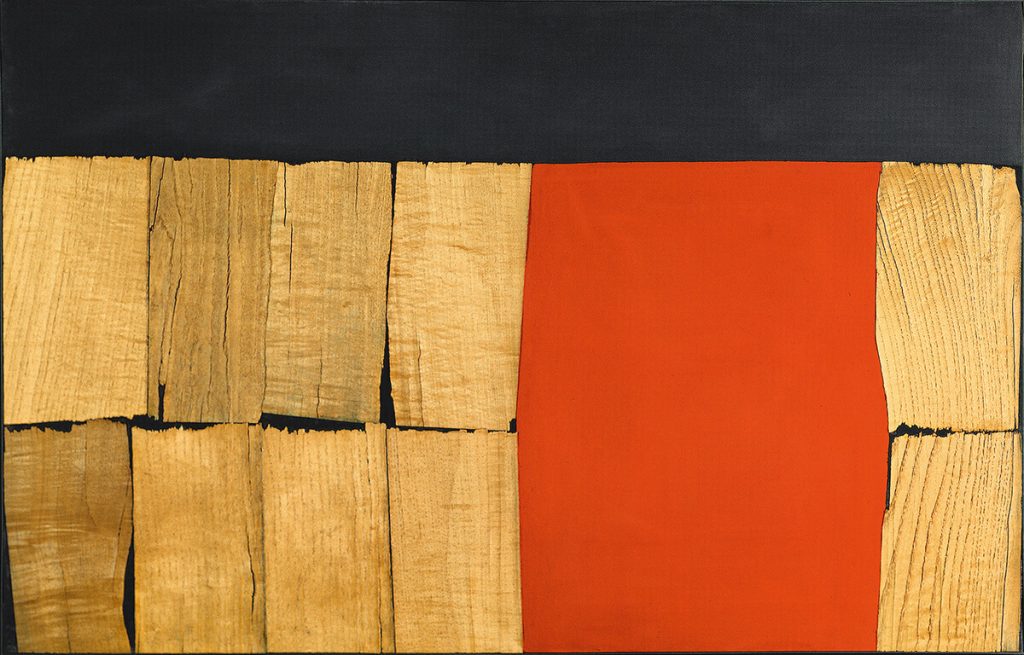 Alberto Burri. Legno nero rosso, 1960. Impiallacciatura di legno, acrilico, e Vinavil su tela, cm. 83 x 133. Collezione privata, per gentile concessione, Galleria dello Scudo, Verona