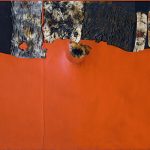 Alberto Burri. Rosso gobbo, 1955. Acrilico, tessuto, Vinavil e combustione su tessuto nero; Vinavil sul verso, cm.86 x 100. Per gentile concessione Galleria Tega, Milan. Photo: Paolo Vandrasch e Romina Bettega