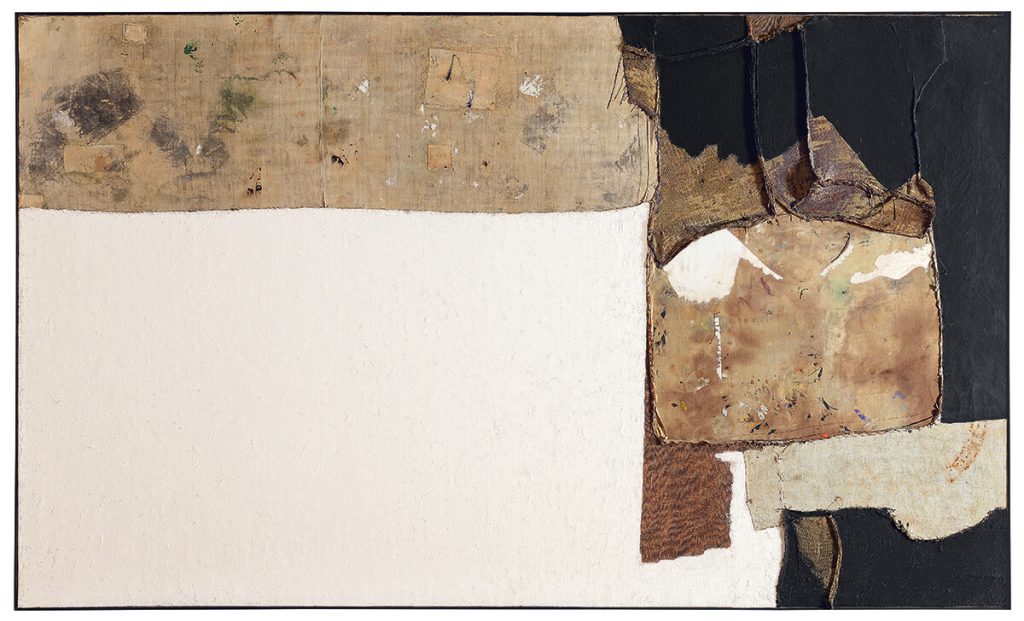 Grande bianco, 1952. Olio, tempera, tessuto, filo, e Vinavil su tela, cm. 149,2 x 250,2. Fondazione Palazzo Albizzini Collezione Burri, Città di Castello, Italy