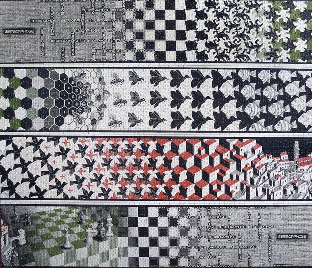 Escher. Metamorfosi II, 1939–1940. Incisione, cm. 19.2 cm × 389.5