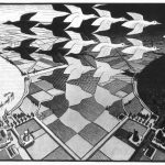 Escher. Giorno e notte, 1938. Xilografia in nero e grigio, stampato da due blocchi, mm. 39,2 x 67,6