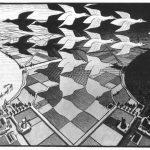 Cornelis Escher. Giorno e notte, 1938. Xilografia in nero e grigio, stampato da due blocchi, mm. 39,2 x 67,6