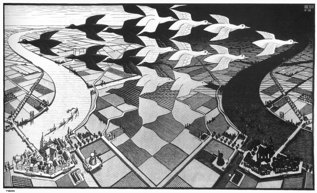 Cornelis Escher. Giorno e notte, 1938. Xilografia in nero e grigio, stampato da due blocchi, mm. 39,2 x 67,6
