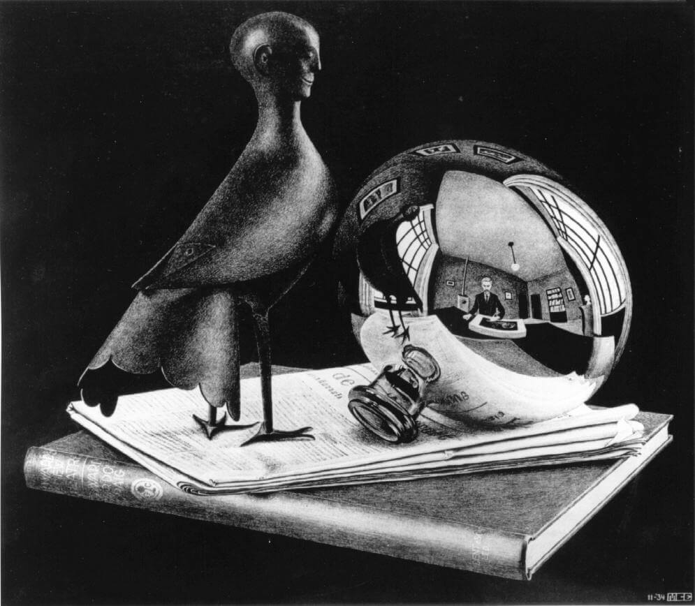 Escher. Natura morta con specchio sferico, 1934. Litografia