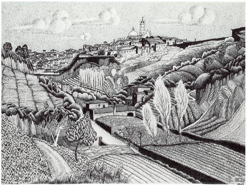 Escher. Paesaggio italiano, dintorni di Siena, 1923. Litografia