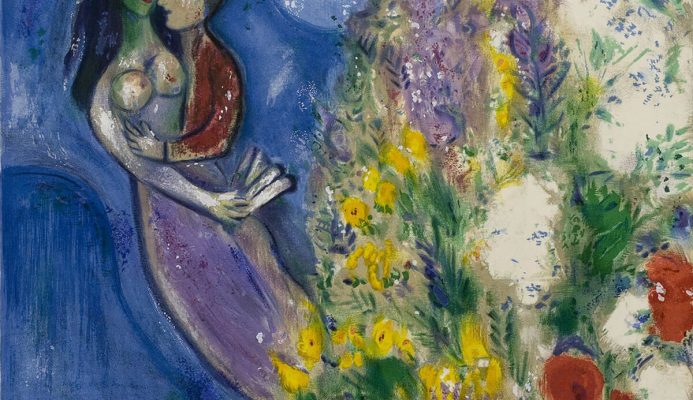 Marc Chagall. Coppia di amanti e fiori, 1949. Litografia a colori, (dettaglio)