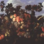 Abraham Brueghel. Grande natura morta con frutta in un paesaggio, 1670. Olio su tela, cm 97x136,5. Collezione privata