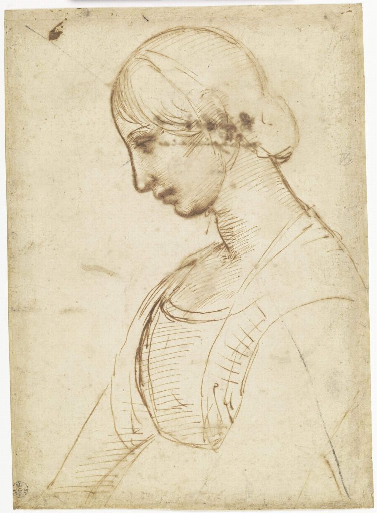 Raffaello. Testa di donna di profilo. Penna e inchiostro, carta. Gabinetto Disegni e Stampe degli Uffizi, Firenze