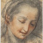 Federico Barocci. Testa di giovane donna con lo sguardo rivolto verso il basso. Carboncino, pietra rossa, carta. Gabinetto Disegni e Stampe degli Uffizi, Firenze