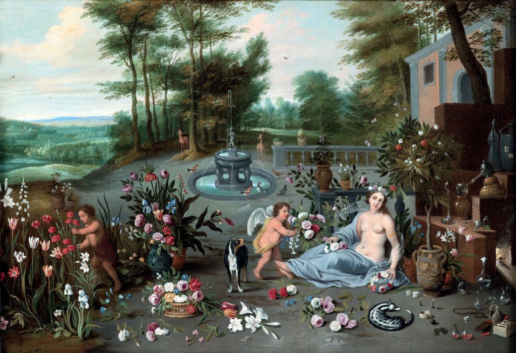 Jan Brueghel il Giovane. Allegoria dell'olfatto, 1645-1650 ca. Olio su tela, cm. 57 x 82,5. Collezione Diana Kreuger, Ginevra