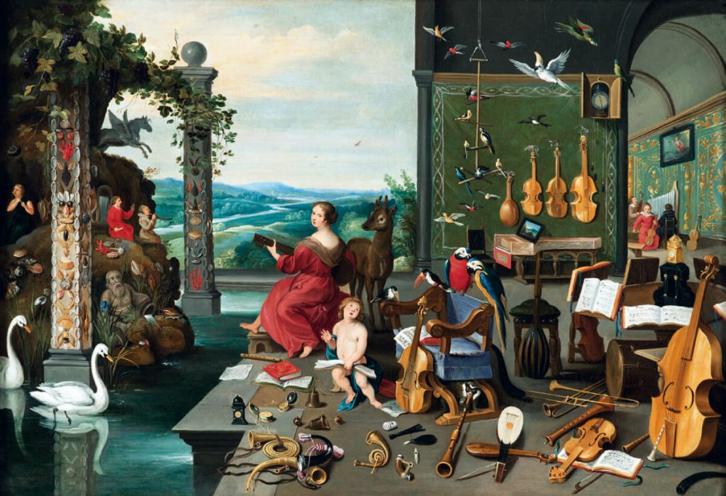 Jan Brueghel il Giovane. Allegoria dell'udito, 1645-1650 ca. Olio su tela, cm. 57 × 82,5. Collezione Diane Kruger, Ginevra