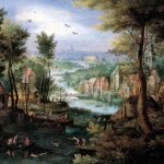 Jan Brueghel il Vecchio. Paesaggio fluviale con bagnanti, 1595 - 1600. Olio su rame, cm. 17 x 22. Collezione privata, Svizzera