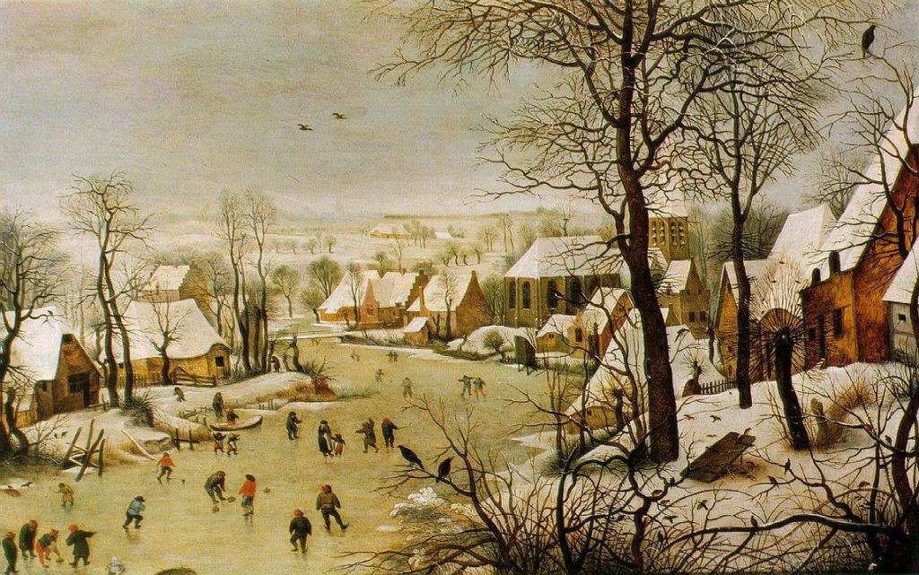 Pieter Brueghel il Giovane. Paesaggio invernale con pattinatori e trappola per uccelli, 1601. Olio su tavola, cm. 50,5 x 61. Collezione Torsten Kreuger, Ginevra