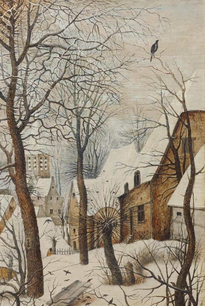 Pieter Bruegel il Giovane. Paesaggio invernale con pattinatori e trappola uccello, 1565, (dettaglio)