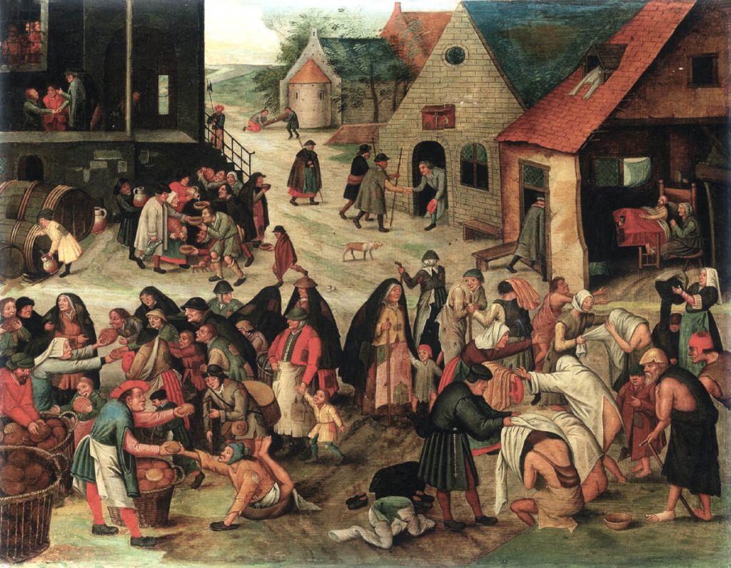 Pieter Brueghel il Giovane. Le sette opere di misericordia, 1616 - 1618 ca. Olio su tavola,cm. 44 x 57,5 . Collezione privata, Bruxelles
