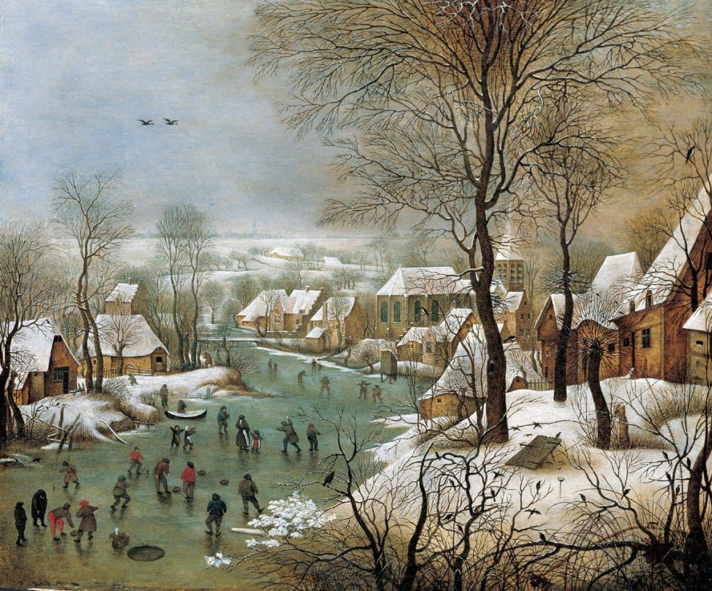 Pieter Brueghel il Giovane. Paesaggio invernale con pattinatori e trappola d'uccello, 1565. Olio su tavola di quercia, cm. 39 x 57. Museo di storia dell'arte, Wien