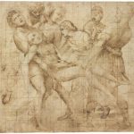 Raffaello. Studio compositivo per la "Deposizione" (Roma, Galleria Borghese), penna e inchiostro, quadrettatura a penna, quadrettatura a pietra rossa, tracce di pietra nera, parziale puntinatura, carta. Gabinetto Disegni e Stampe degli Uffizi. Firenze