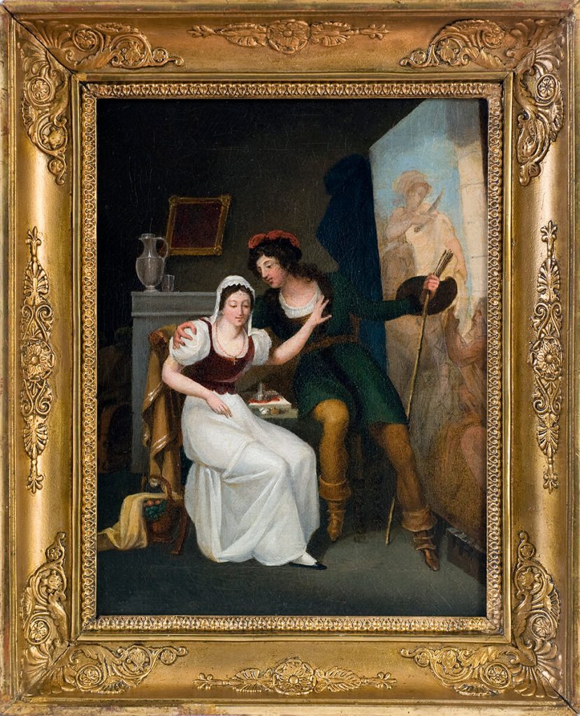 Pittore francese. Van Dyck mostra alla fidanzata Maria van Ophen il suo primo dipinto, l'Elemosina di san Martino, prima metà del XIX secolo. Olio su tela, cm. 32,5 x 24,5. Pandolfini Casa d'aste, Firenze. San Valentino