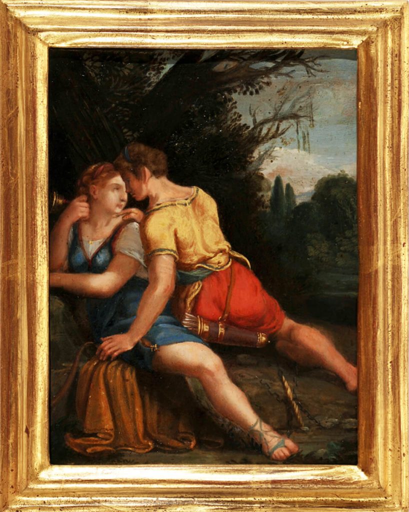 Pittore tosacano. Giove e Callisto fine del XVI - inizio del XVII secolo. Olio su rame, cm. 16,5 x 12,4. Mercato di piazza dei Ciompi, Firenze. San Valentino