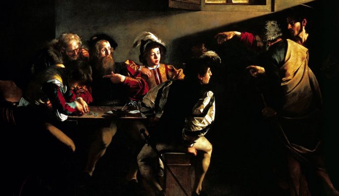 Caravaggio. La vocazione di San Matteo, 1599-1600. Olio su tela, cm. 322×340. Chiesa di San Luigi dei Francesi
