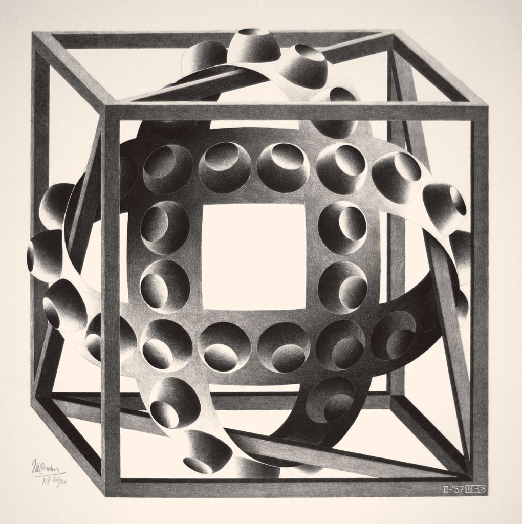 Escher a Milano. Escher. Cubo con nastri, 1957. Litografia, cm 30,9x30,5. Collezione Giudiceandrea Federico All M.C. Escher works © 2016 The M.C. Escher Company The Netherlands. All rights reserved