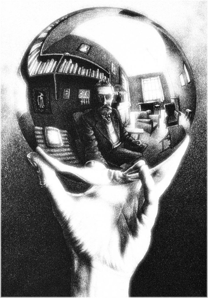 Escher. Mano con sfera riflettente, 1935. Litografia, cm 31,1x21,3. Fondazione M.C. Escher All M.C. Escher works © 2016 The M.C. Escher Company The Netherlands. All rights reserved