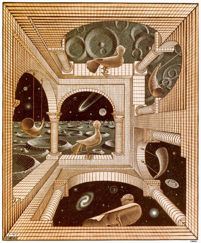 Escher. Altro mondo II, 1947. Xilografia a tre blocchi, cm 31,8x26,1. Collezione Giudiceandrea Federico All M.C. Escher works © 2016 The M.C. Escher Company. All rights reserved