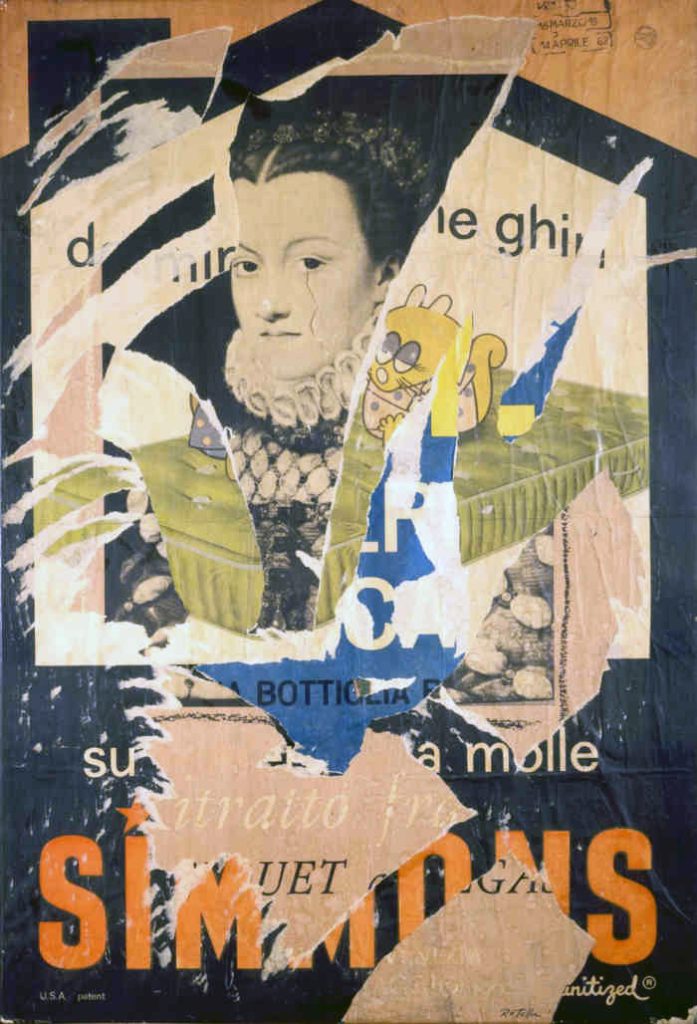Mimmo Rotella. Sua Maestà la Regina (classico), 1962. Decollage su tela, cm 136×93. Collezione privata