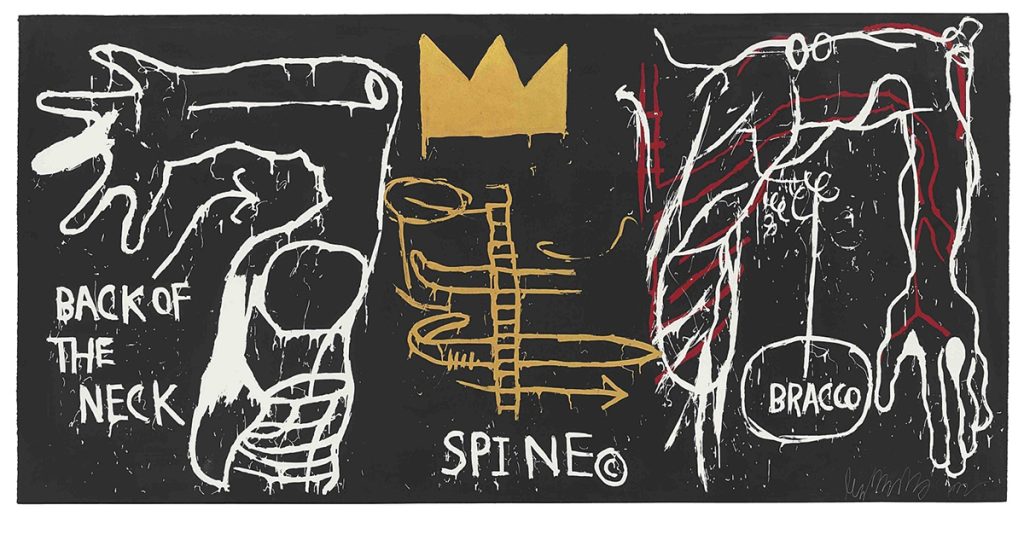 Jean-Michel Basquiat. Back of the Neck, 1983 . Serigrafia a cinque colori con colorazione a mano su carta, cm 127,6 × 258,4. Mugrabi Collection