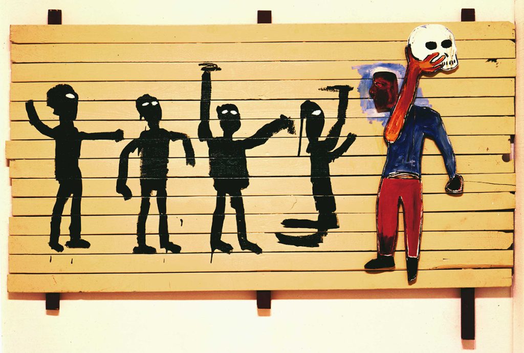 Jean-Michel Basquiat. Procession, 1986. Acrilico e bassorilievo su tavola, cm 162 × 244. Mugrabi Collection