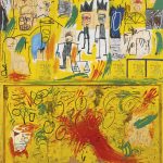 Jean-Michel Basquiat. Untitled (Yellow Tar and Feathers)), 1982. Acrilico, stick a olio, pastello, collage di carta e piume su pannelli di legno uniti, cm 245 × 229,2. Mugrabi Collection.