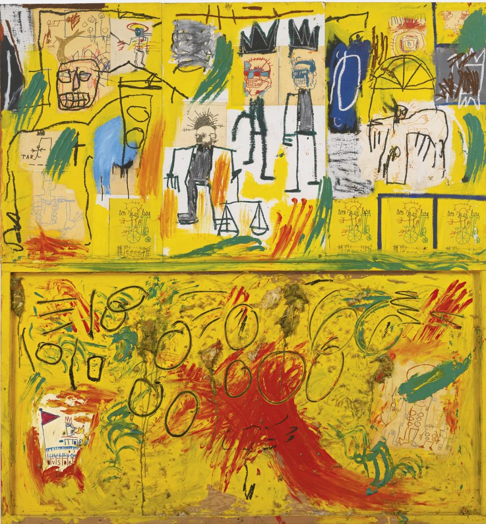 Jean-Michel Basquiat. Untitled (Yellow Tar and Feathers)), 1982. Acrilico, stick a olio, pastello, collage di carta e piume su pannelli di legno uniti, cm 245 × 229,2. Mugrabi Collection.