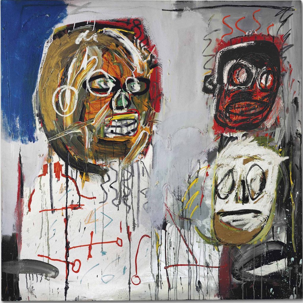 Jean-Michel Basquiat. Three Delegates, 1982. Acrilico, pastello a olio e collage su tela, cm 152,4 x 152,4. Mugrabi Collection